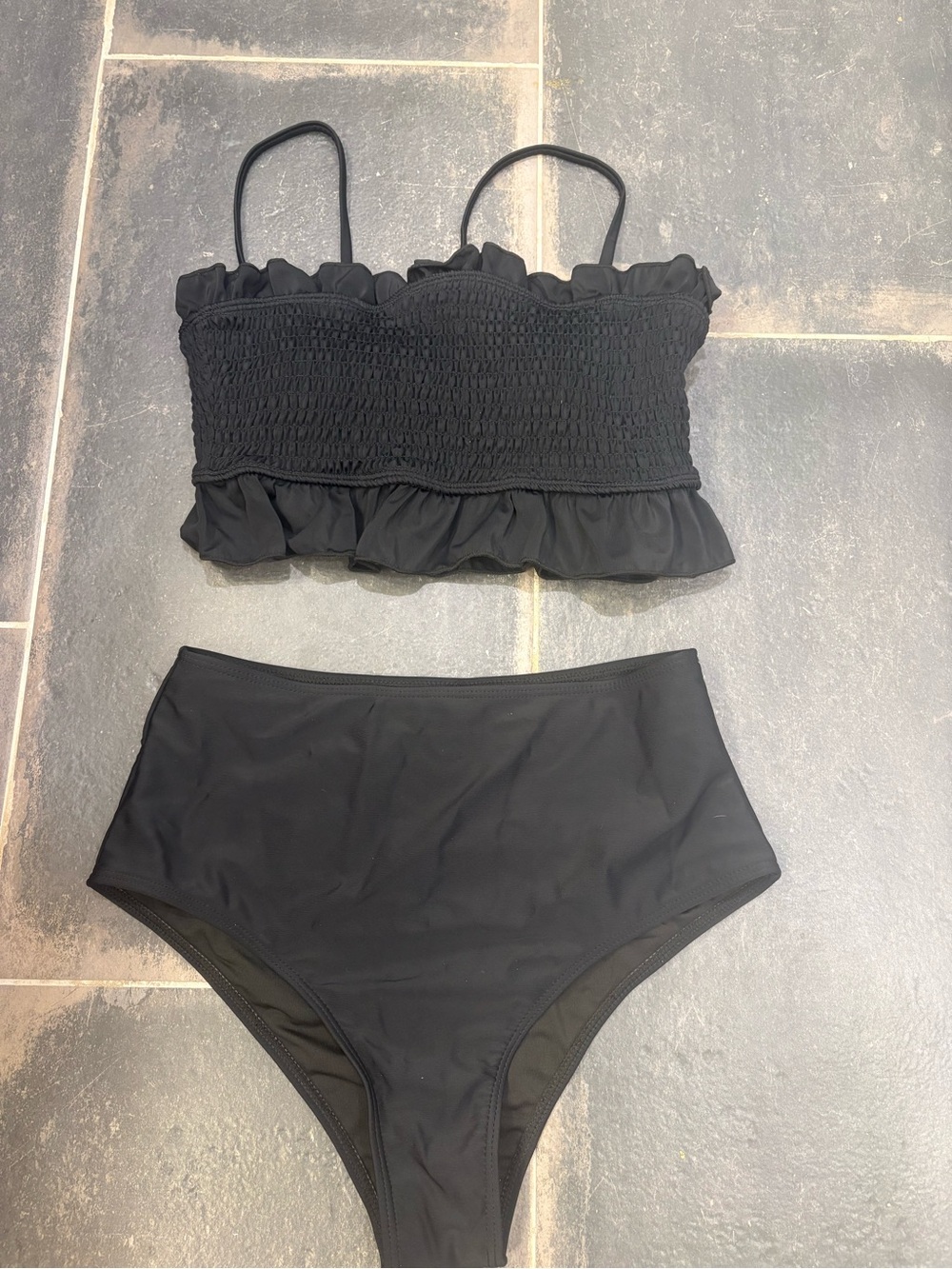 Black Smocked Ruffle Bikini Set, Amazon, size small